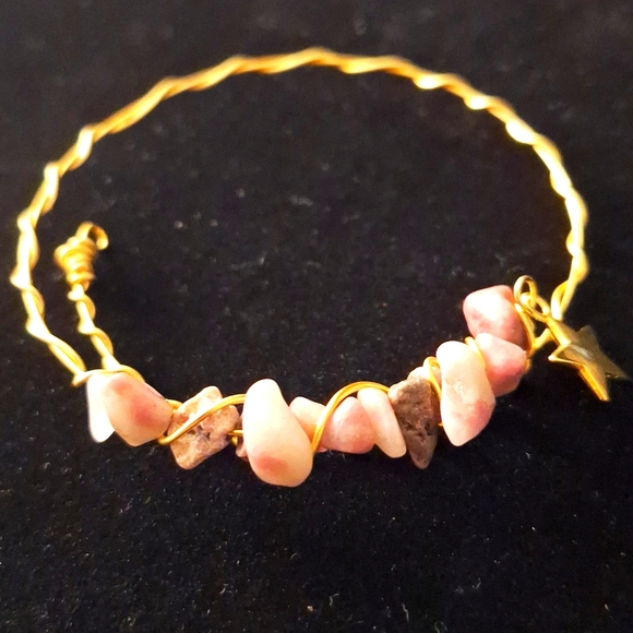 Gold Wire Bracelet with Pink and Brown Stones - Picture 2 of 4